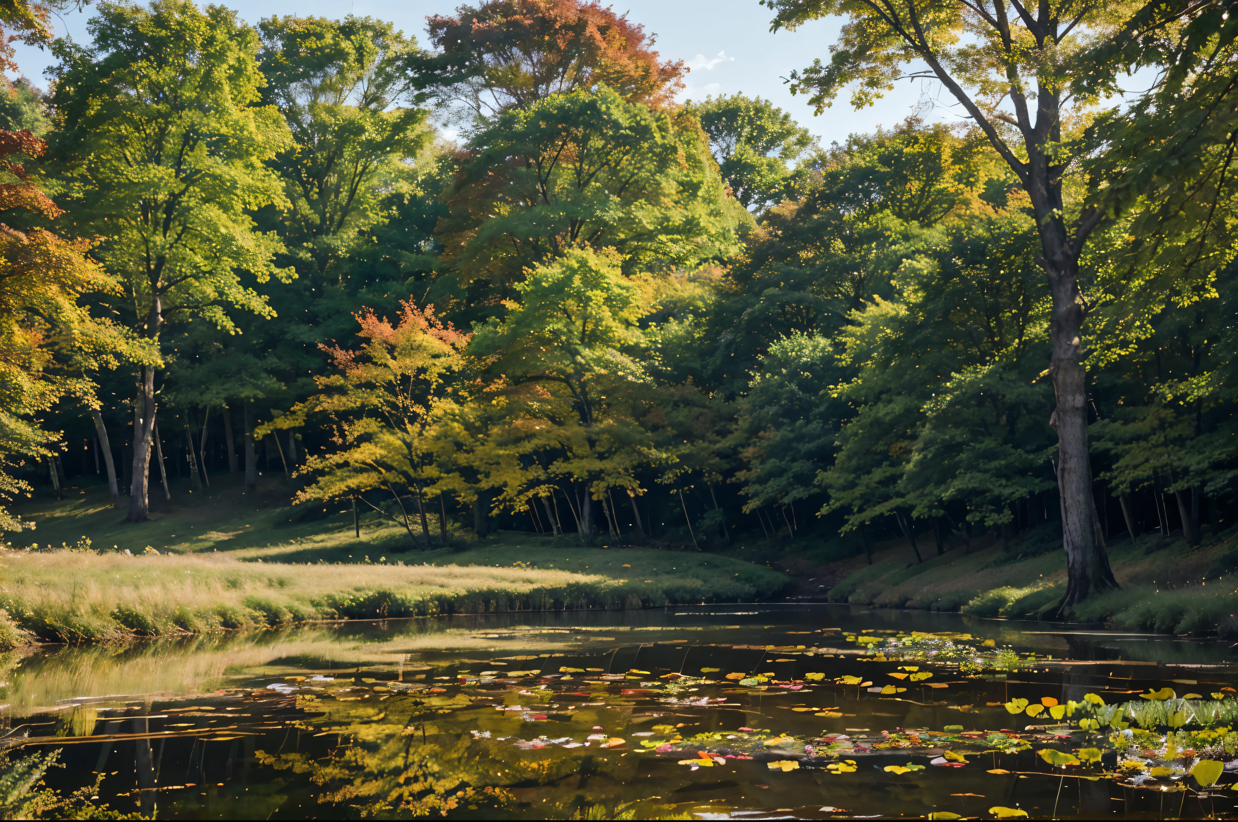 Autumn view capturing a tranquil pond in the forest。Greenery around the pond、golds、reddish、Orange-leaved tree々There is、There are also a few trees that still have summer greenery。The surface of the pond reflects the colors of the surroundings,、The clear blue sky that can be seen through the gap、Add blue spots to the surface of the water。A gentle breeze shakes the leaves of the trees,、You can feel the sounds and scents of the autumn forest。 Make a 16 vs 9 image