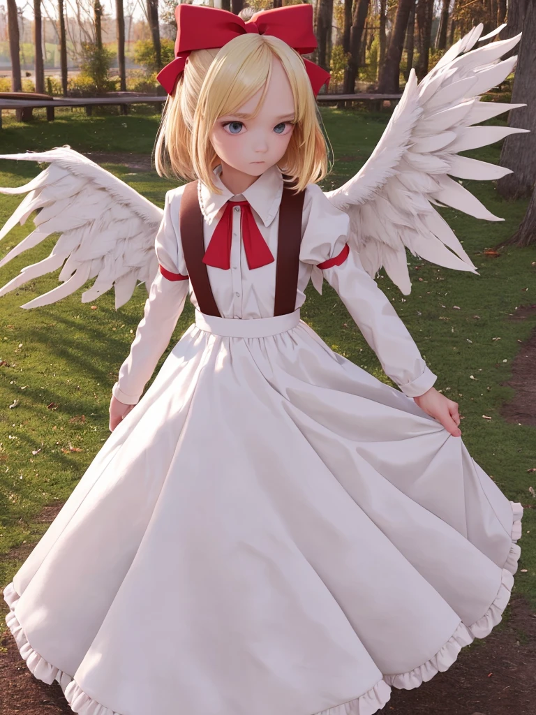 masterpiece, best quality, 1girl, solo, 10 years old, medium blonde hair, forehead visible bangs, hair flaps, ribbon on head, well-formed face, blonde eyes, angel girl, standing collar, nehru collar, white blouse, long sleeves, red ribbon, angel wings, red thick suspenders, long white skirt, long maxi-skirt, very long skirt, wide shot, full body shot, simple background