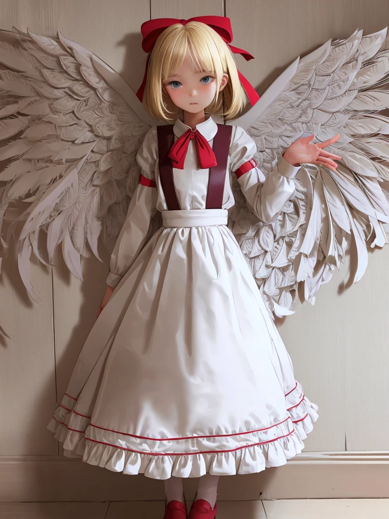 masterpiece, best quality, 1girl, solo, 10 years old, medium blonde hair, forehead visible bangs, hair flaps, ribbon on head, well-formed face, blonde eyes, angel girl, standing collar, nehru collar, white blouse, long sleeves, red ribbon, angel wings, red thick suspenders, long white skirt, long maxi-skirt, very long skirt, wide shot, full body shot, simple background