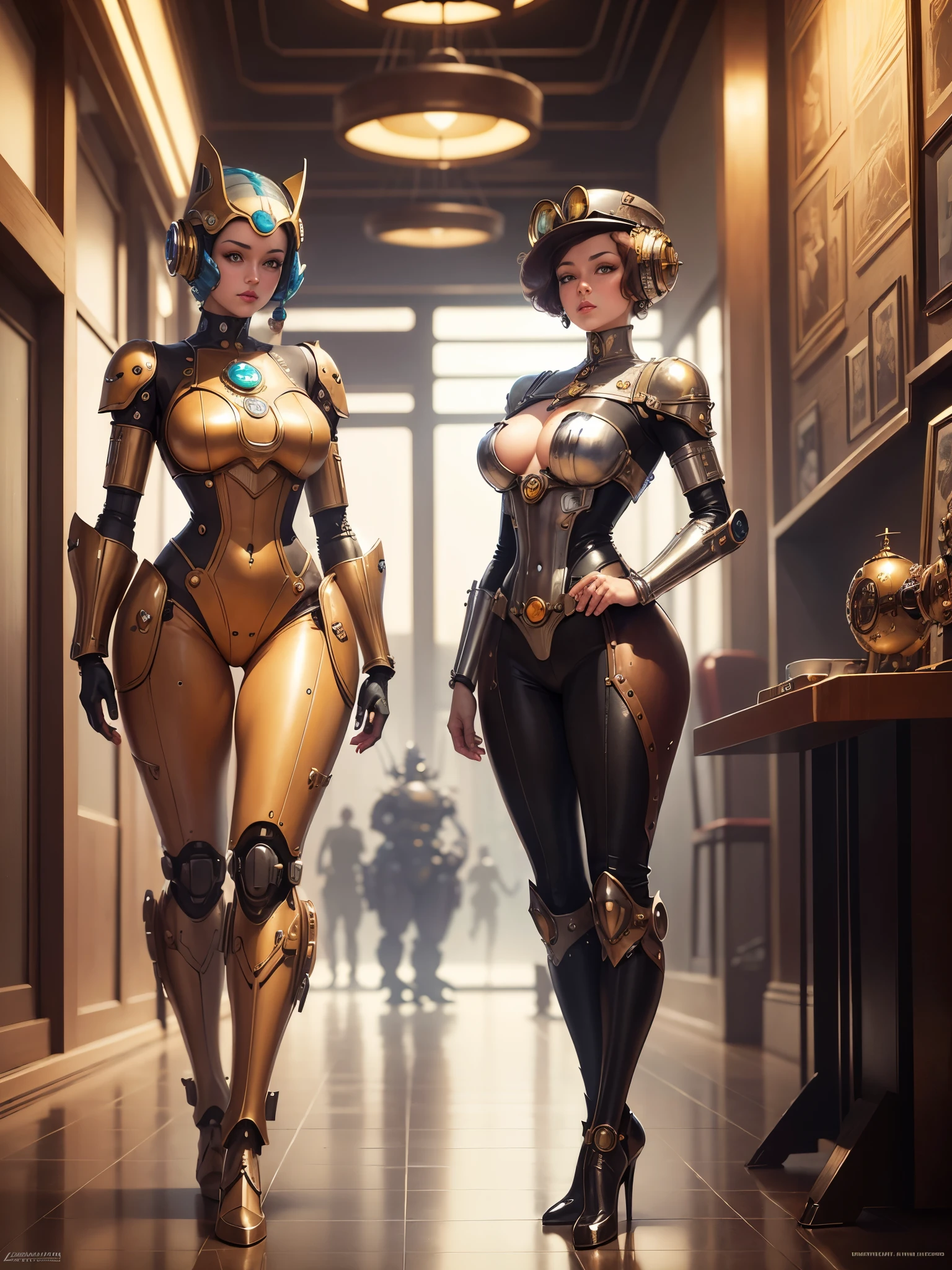 by Michael Parkes and Diego Rivera, (retro futurism , digital art but extremely beautiful:1.4),there is a robot that is standing in front of a restaurant lobby, inspired by Brian Despain, steampunk robot, steampunk automaton, by Brian Despain, pit droid, alejandro burdisio art, beautiful robot character design, android jones and rhads, robot factory, high quality steampunk art, cute elaborate epic robot, robot concept art, a still life of a robot