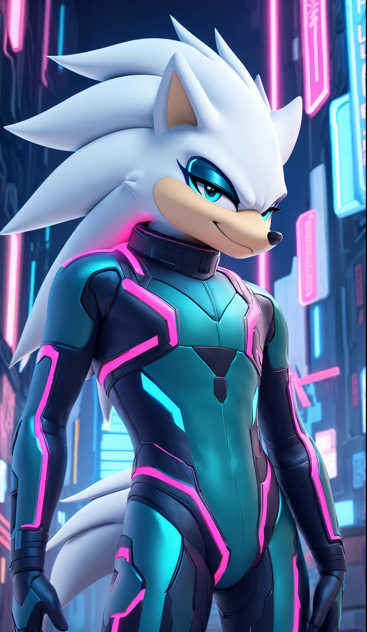 (((masterpiece:1.5, 4K, 8K))), a full body high quality digitally drawn rendered image ((by SEGA)) of A solo male anthro ((silver—white hedgehog)), with glowing blue eyes, ((metallic blue eyeliner:1.5)), (((tan muzzle))), wearing a (((sci-fi bodysuit))) stands in a neon-lit cyberpunk city The android's bodysuit is adorned with (((teal coloring:1.5))) with (((neon pink accents))), and intricate android seams, creating a futuristic look. the android has a seductive smirk on his face