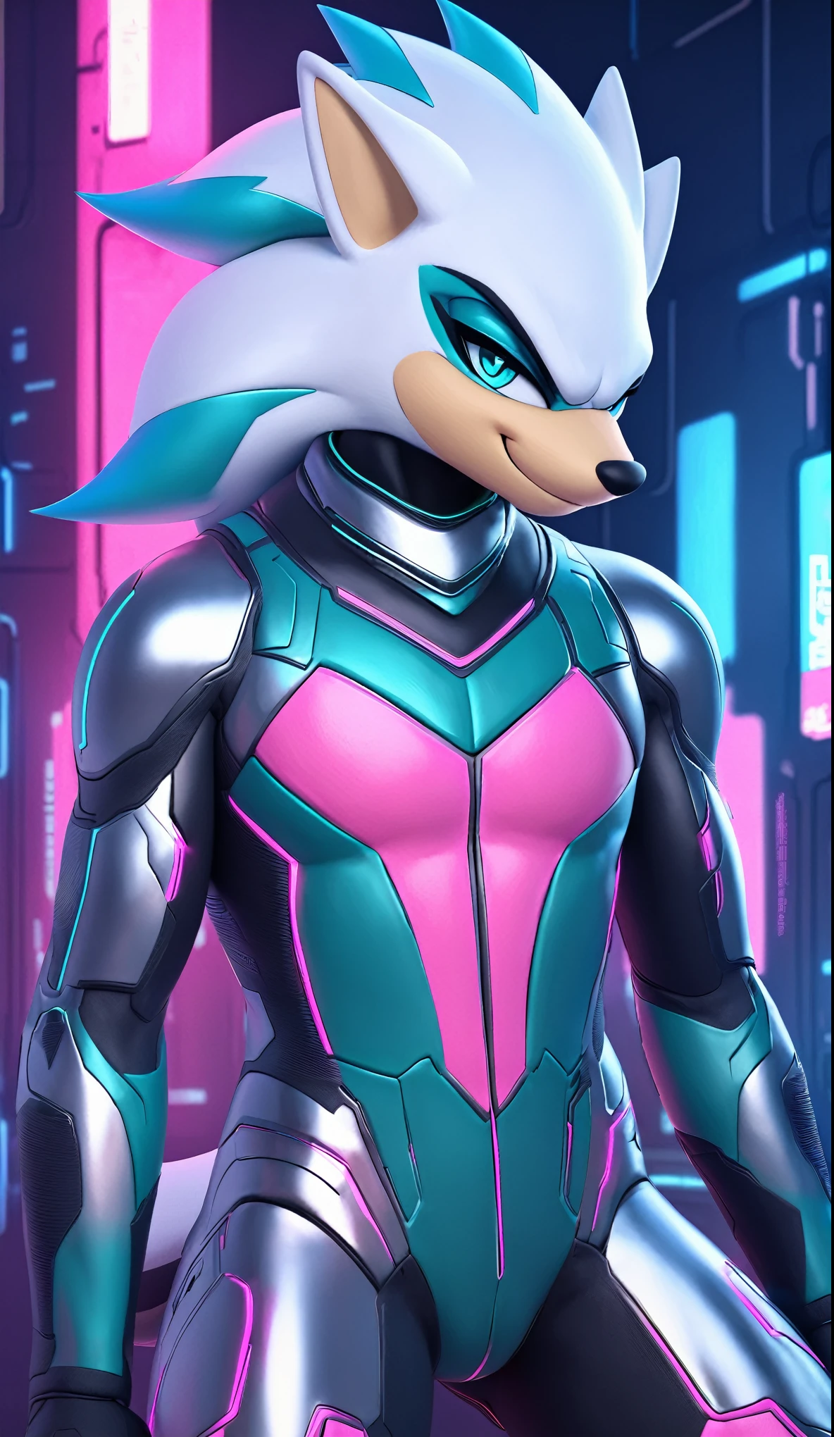 (((masterpiece:1.5, 4K, 8K))), a full body high quality digitally drawn rendered image ((by SEGA)) of A solo male anthro ((silver—white hedgehog)), with glowing blue eyes, ((metallic blue eyeliner:1.5)), (((tan muzzle))), wearing a (((sci-fi bodysuit))) stands in a neon-lit cyberpunk city The android's bodysuit is adorned with (((teal coloring:1.5))) with (((neon pink accents))), and intricate android seams, creating a futuristic look. the android has a seductive smirk on his face