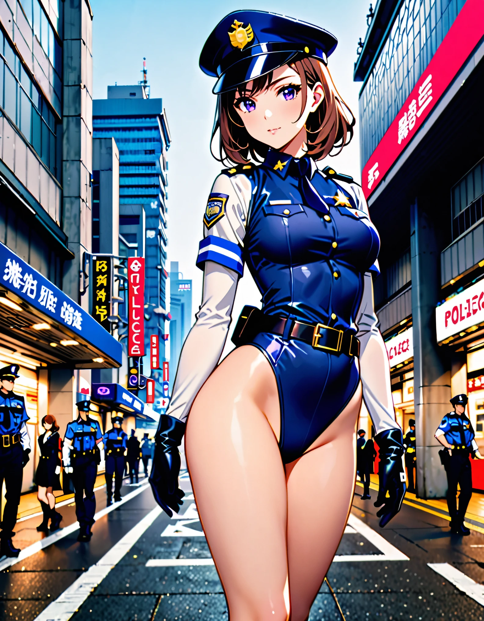 (masterpiece), (best quality), (high res),1girl, tall body, brown hair, medium hair, purple eyes, beautiful detailed eyes, beautiful detailed face, cute face, perfect hands, complete fingers, perfect anatomy, perfect proportions, ((hat, dark blue police hat)), ((leotard, matching leotard, bare legs)), ((boots, matching boots)), breasts, medium breasts, fingerless gloves, (full body portrait), looking at viewer, solo, solo focus, standing, police uniform, cowboy shot, tokyo street station backdrop, indoors, (belt, tight belt), (armbands, white sleeves), full body costume design.