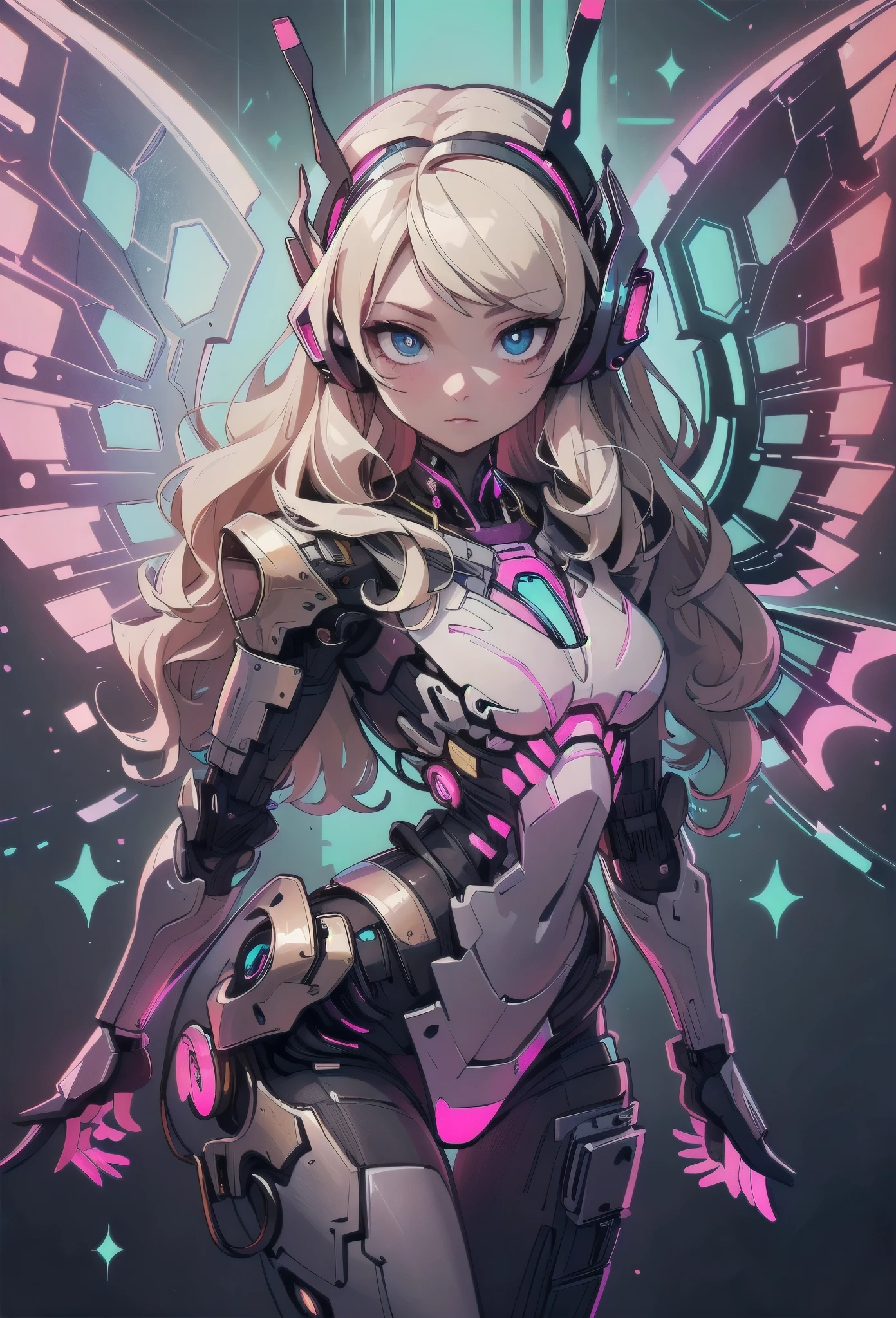 ((Highly accurate drawing in every detail)Extremely precise depiction)[High resolution],(detailed illustrations,Very fine and detailed drawing,Delicate drawn lines with tempo,Realistic texture expression),[color traced main line],[labo],[[HENTAI]] ANIME (CYBERGirl anime Beauty  Cyborg[wavy hair (platinum blonde)]),([Butterfly wings] Magenta-pink Papillon cybernean armor [Aurora Armor] Fuselage only transparent material) Cyber Headset,(cybernetic [clear lenticular iris]),(intricate and beautiful decoration [Dense detail]),(Fine and beautiful skin expression [transparency]),((Precisely drawn eyes))[Perfect eyes detailed((Beautiful eyes like jewels)Iris drawn in precise detail)[clearly drawn pupils]],[eyes light[Pinpoint lighting for the eyes]],[long and beautiful eyelashes],[precisely drawn hair [Beautiful and lustrous hair detailed]],(Perfectly hand detailed [Beautiful fingers with no damage [beautiful nails]]),(perfect anatomy(perfectly balanced proportions))[[full body portrait]],[[Design built to the highest level]][ideal color coordination(Accurate simulation of light and material interactions)],([Precision Detail](detailed,高fine)),[Visual art that tells a story],((highest quality)fine[[High density drawing]])(4K quality).