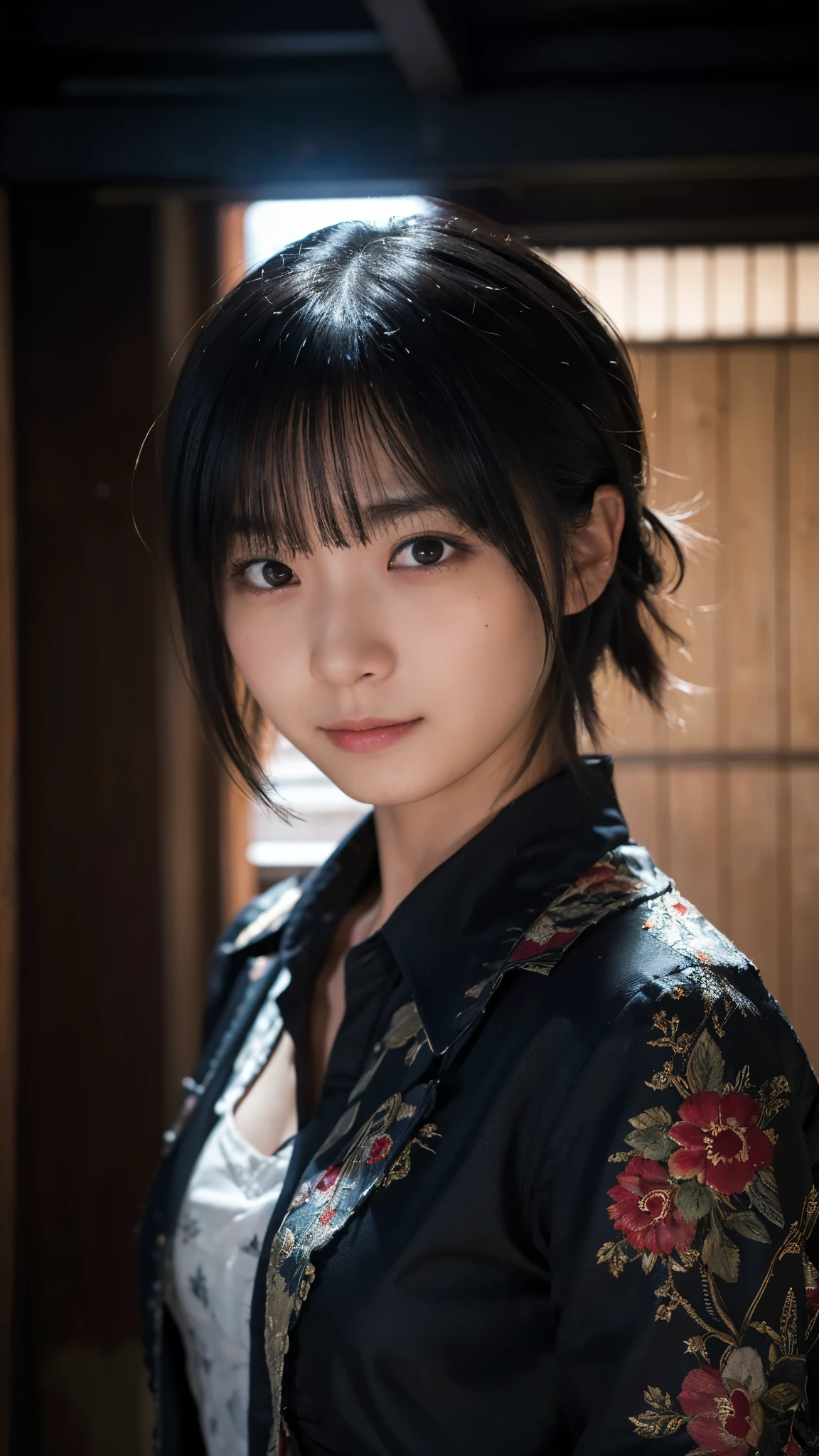 (highest quality,masterpiece:1.3,Ultra-high resolution),(Super detailed,Caustics,8k), (Photorealistic:1.4, RAW shooting),darkness,Japanese,20-year-old,Rin々A funny expression,Black Hair Middle Hair,Black Shirt,Bust up shot