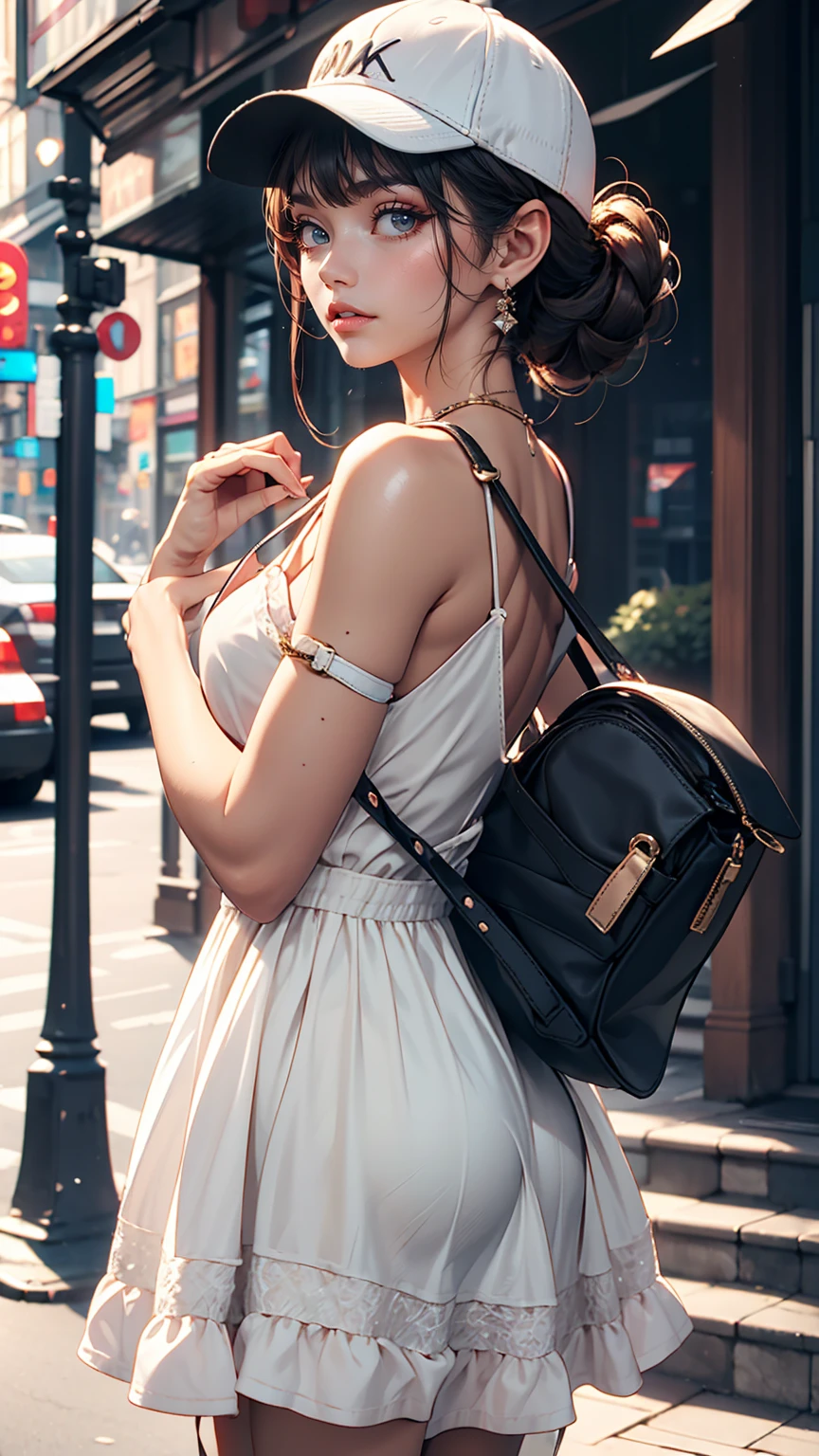 TStrap Bag((T-strap back))Wear a dress、Updo hairstyle