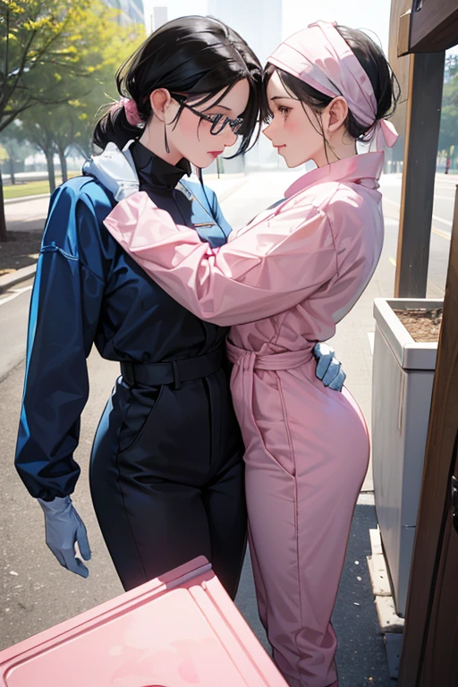 Wearing large pink rubber gloves, white rubber boots and a white cloth wrapped around her head、Two mature women with glasses and black hair tied up in blue long sleeve jumpsuits kissing in a dirty public toilet in a park