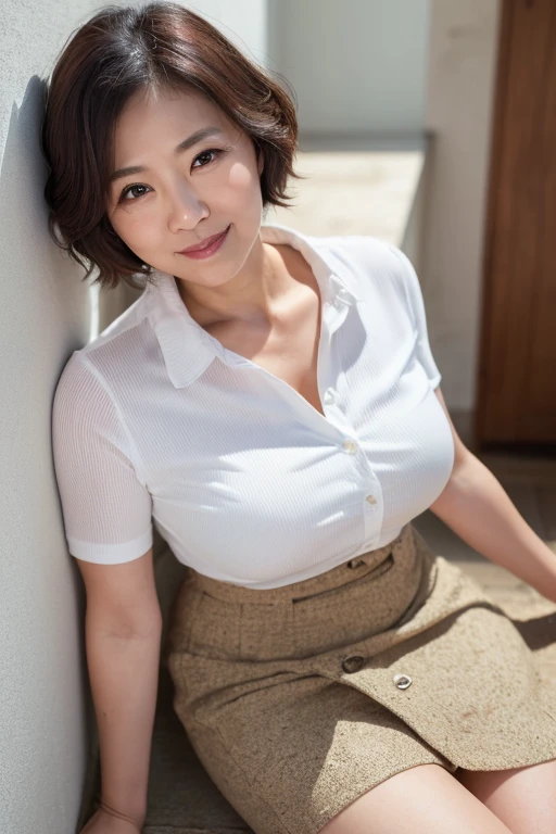 ((masterpiece))、((Highest quality))、photograph、reality、High resolution、Advanced Depth of Field、become close、Realistic lighting、Delicate facial features、Realistic background and accessories、(Tight buttoned business shirt)、(A tight-fitting white business shirt with a collar:1.5)、(A business shirt that accentuates the shape of the chest:1.5)、(short tight skirt of dark blue color,:1.5)、Sexy lips、(smile:1.5)、whole body、(Big Breasts:1.5)、(Everyone has a different hairstyle)、(Everyone wears the same clothes)、(Three 50-year-old women)、(Wrinkles around the eyes:1.2)、(Wrinkles around the mouth:1.2)、(Erect nipples)