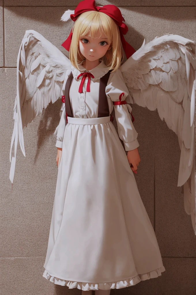 masterpiece, best quality, 1girl, solo, , medium blonde hair, forehead visible bangs, hair flaps, ribbon on head, well-formed face, blonde eyes, angel girl, standing collar, nehru collar, white blouse, long sleeves, red ribbon, angel wings, red thick suspenders, long white skirt, long maxi-skirt, very long skirt, wide shot, full body shot, simple background