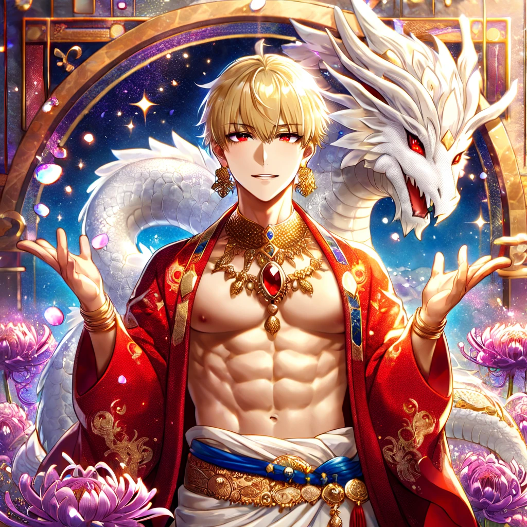 (absurdres, highres, ultra detailed, HDR) master piece, best quality, Gilgamesh, blonde hair, with bangs, expressive red eyes, fate grand order, solo, sexy man, with a white dragon, handsome, toned chest, red haori, white kimono with accessories, jewelry, golden earrings, arabian, patterns, magical fantasy, purple butterflies, glittering, sparkling, purple spider lilies, petals, radiant