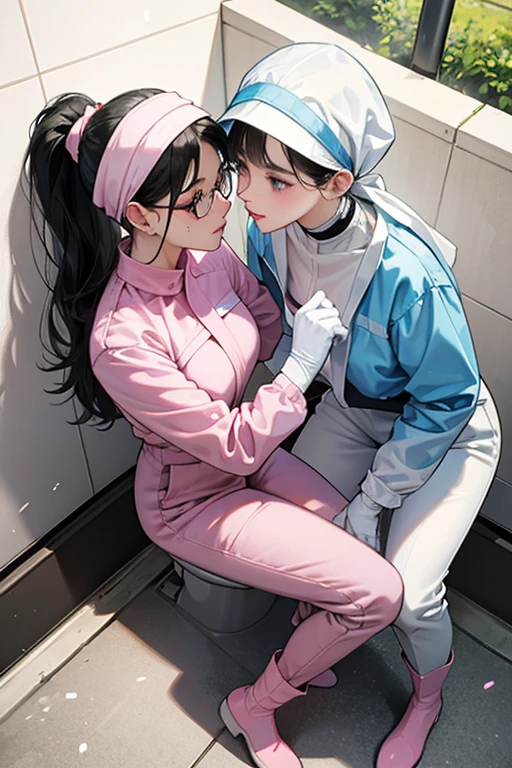 Wearing large pink rubber gloves, white rubber boots and a white cloth wrapped around her head、Two mature women with glasses and black hair tied up in blue long sleeve jumpsuits making love in a dirty public toilet in a park