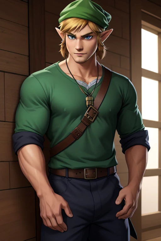 ((full shot, 1man)), wearing casual clothes, looking at viewer, detailed skin, sfw, (intricate details,  Masterpiece, high quality, best quality, realistic), link, the legend of zelda, hat
