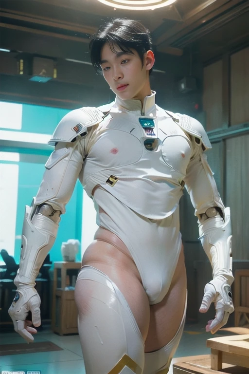 (masutepiece,High resolution,ultra - detailed:1.0),1(Boy,Robot Boy),Perfect male body,Look at the camera,Delicate eyes and delicate face,extremely details CG,Unity 8k wallpaper,intricate-detail,solo person,Detailed face, (Futuristic skin-perfect white bodysuit), Best Quality, hands visible, (White Gloves), Beautiful and delicate blue short hair:1.5 , full length shot(fls) , big thighs , big hips , insane details, hyper details , photorealistic , only male , handsome boy , fat buttock , puffy nipples , 16k resolution , ultra-high clarity , hyperrealism, uhd,. K-pop idol , whore , slutty whore , swollen nipples , defeat , grins ,thick thighs, thick booty. Fat buttocks , male , wide his , wide pelvis , bare thighs , sexy ,bare hips