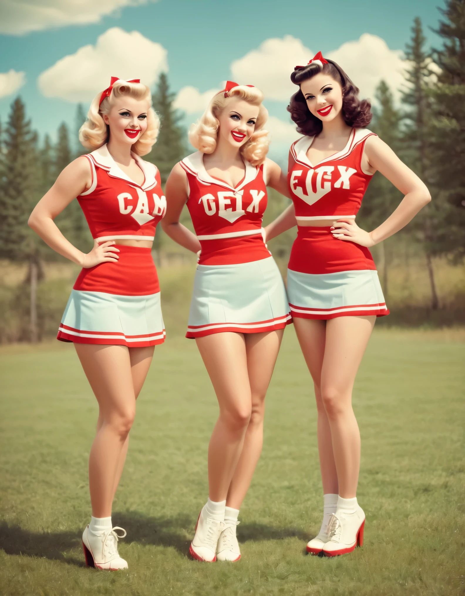 Vintage-style sexy cheerleaders at camp, in pin-up poses with retro uniforms and vibrant colors.