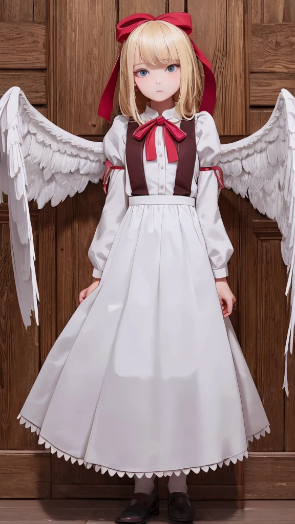 masterpiece, best quality, 1girl, solo, 10 years old, medium blonde hair, forehead visible bangs, hair flaps, ribbon on head, well-formed face, blonde eyes, angel girl, standing collar, nehru collar, white blouse, long sleeves, red ribbon, angel wings, red thick suspenders, long white skirt, long maxi-skirt, very long skirt, wide shot, full body shot, simple background