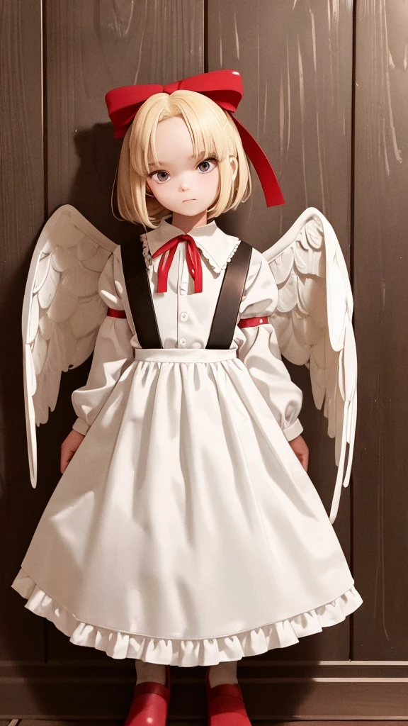 masterpiece, best quality, 1girl, solo, , medium blonde hair, forehead visible bangs, hair flaps, ribbon on head, well-formed face, blonde eyes, angel girl, standing collar, nehru collar, white blouse, long sleeves, red ribbon, angel wings, red thick suspenders, long white skirt, long maxi-skirt, very long skirt, wide shot, full body shot, simple background