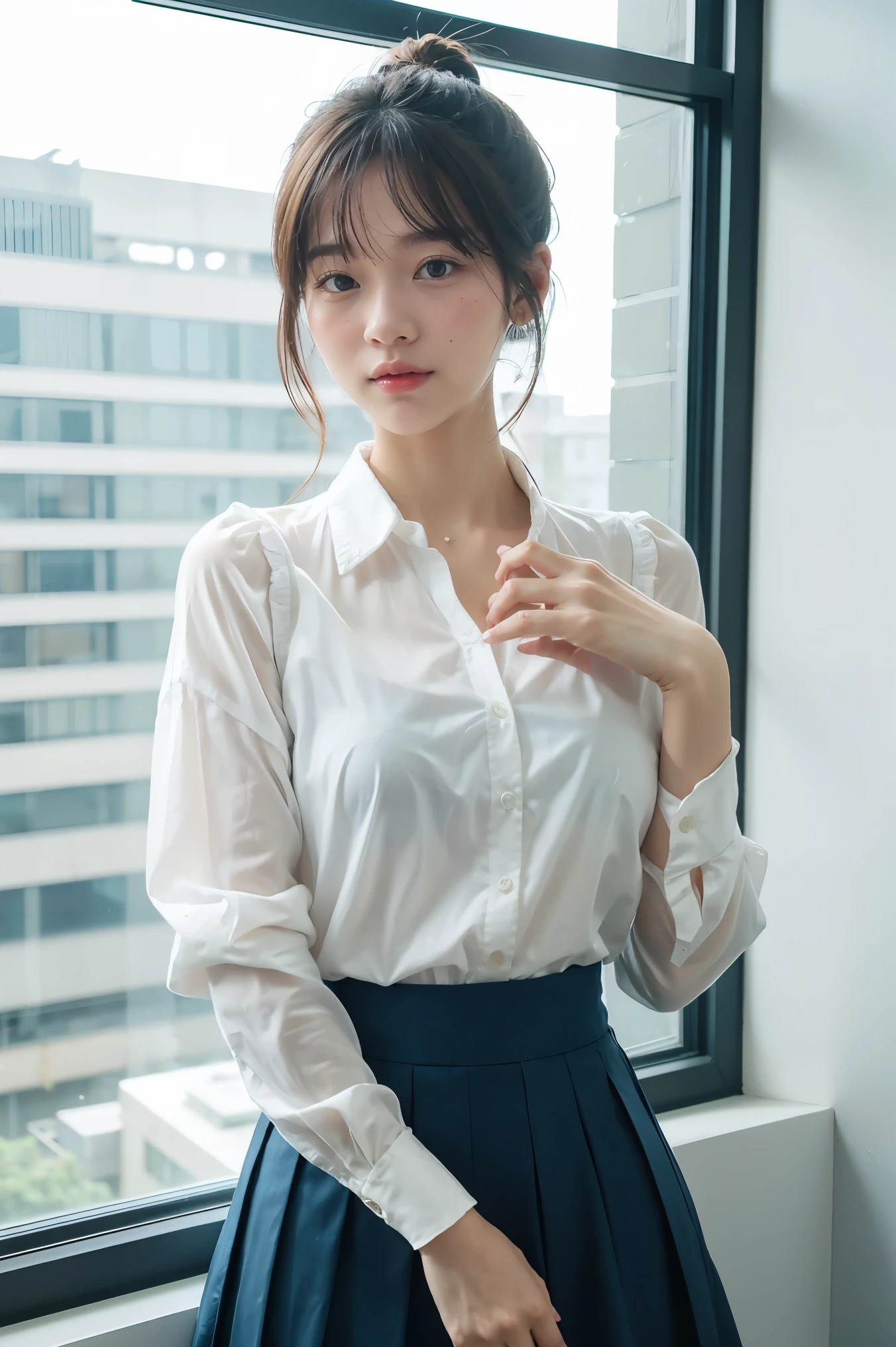 A girl in a white shirt and blue skirt stood by the meeting room window.,left window,The hair was tied up and hanging down.,hairpin,cute:2, cute-หน้าตาดี,Very delicate and beautiful, exquisite details, (Virtual image:1.4), Very detailed, มีรายVery detailed, Beautiful girl with details, (The perfect woman's figure),Japanese girl,smile