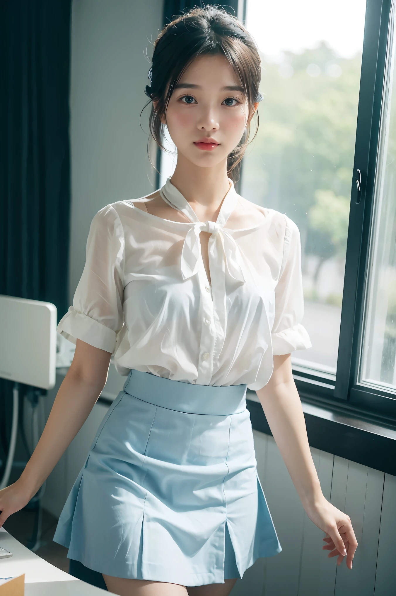 A girl in a white shirt and blue skirt stood by the meeting room window.,left window,The hair was tied up and hanging down.,hairpin,cute:2, cute-หน้าตาดี,Very delicate and beautiful, exquisite details, (Virtual image:1.4), Very detailed, มีรายVery detailed, Beautiful girl with details, (The perfect woman&#39;s figure),Japanese  girl,smile