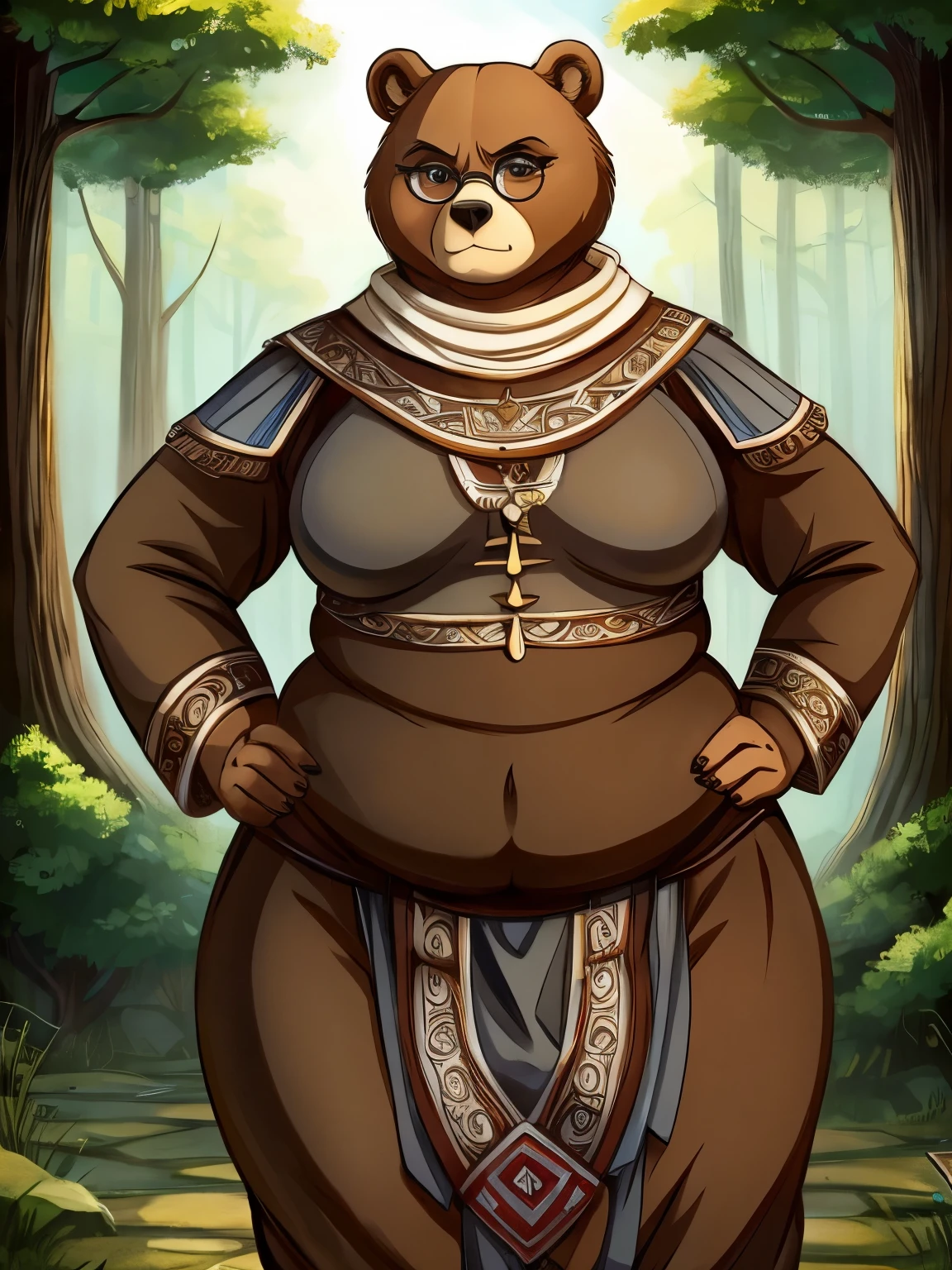 middle aged woman, brown bear, fat, obese, massive hips, grey anime eyes, Slavic clothing, hands on hips, annoyed expression, round glasses, Slavic village in a forrest