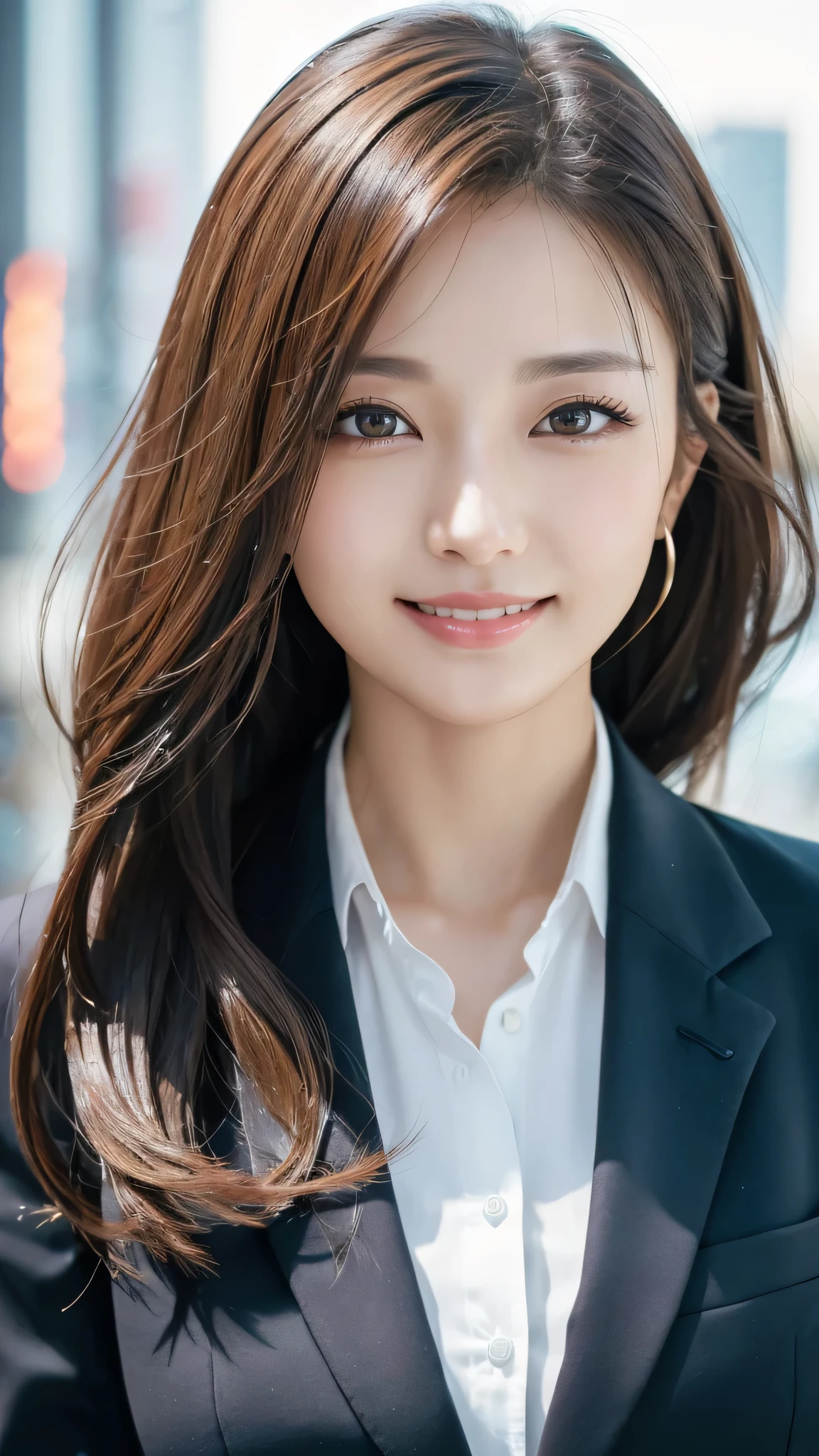 table top、highest quality、genuine、Super detailed、finely、High resolution、8k wallpaper、one beautiful woman、、、light brown disheveled hair、wearing a business suit、sharp focus、perfect dynamic composition、beautiful and detailed eyes、thin hair、Detailed genuine skin texture、smile、model body shape、In Tokyo at morning、