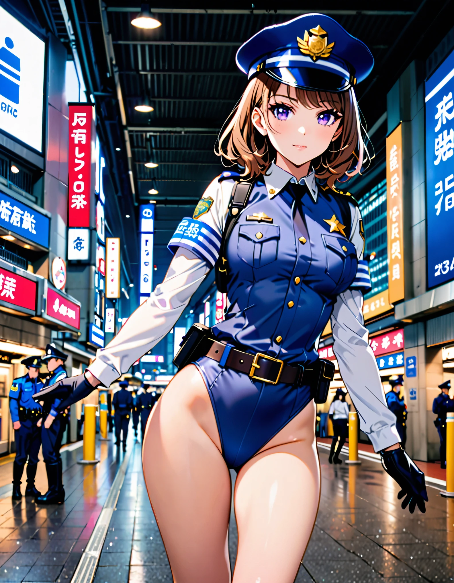 (masterpiece), (best quality), (high res),1girl, tall body, brown hair, medium hair, purple eyes, beautiful detailed eyes, beautiful detailed face, cute face, perfect hands, complete fingers, perfect anatomy, perfect proportions, ((hat, dark blue police hat)), ((leotard, matching leotard, bare legs)), ((boots, matching boots)), breasts, medium breasts, fingerless gloves, (full body portrait), looking at viewer, solo, solo focus, standing, police uniform, cowboy shot, tokyo street station backdrop, indoors, (belt, tight belt), (armbands, white sleeves), full body costume design. 