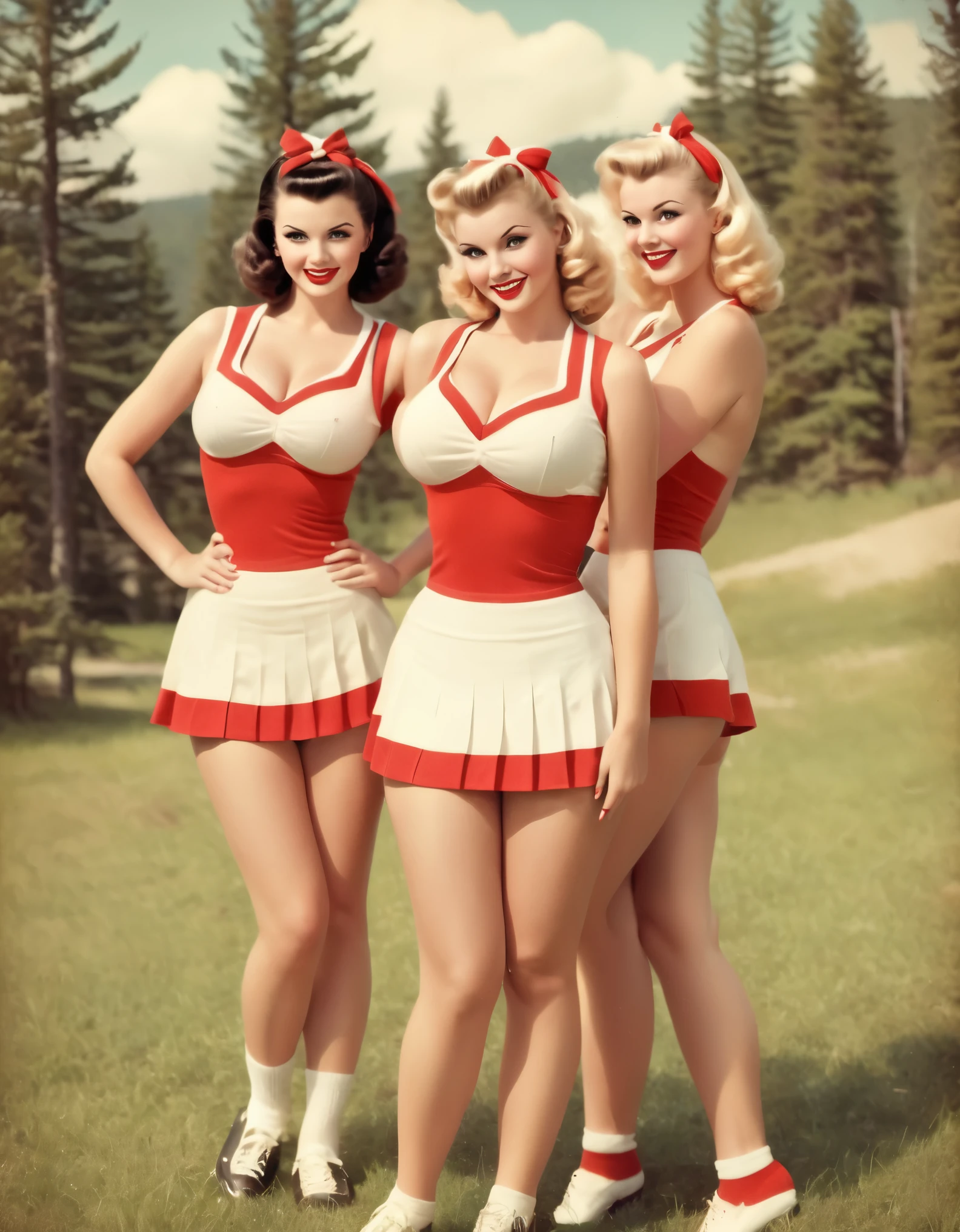 Vintage-style sexy cheerleaders at camp, in pin-up poses with retro uniforms and vibrant colors. perfect face, large breasts