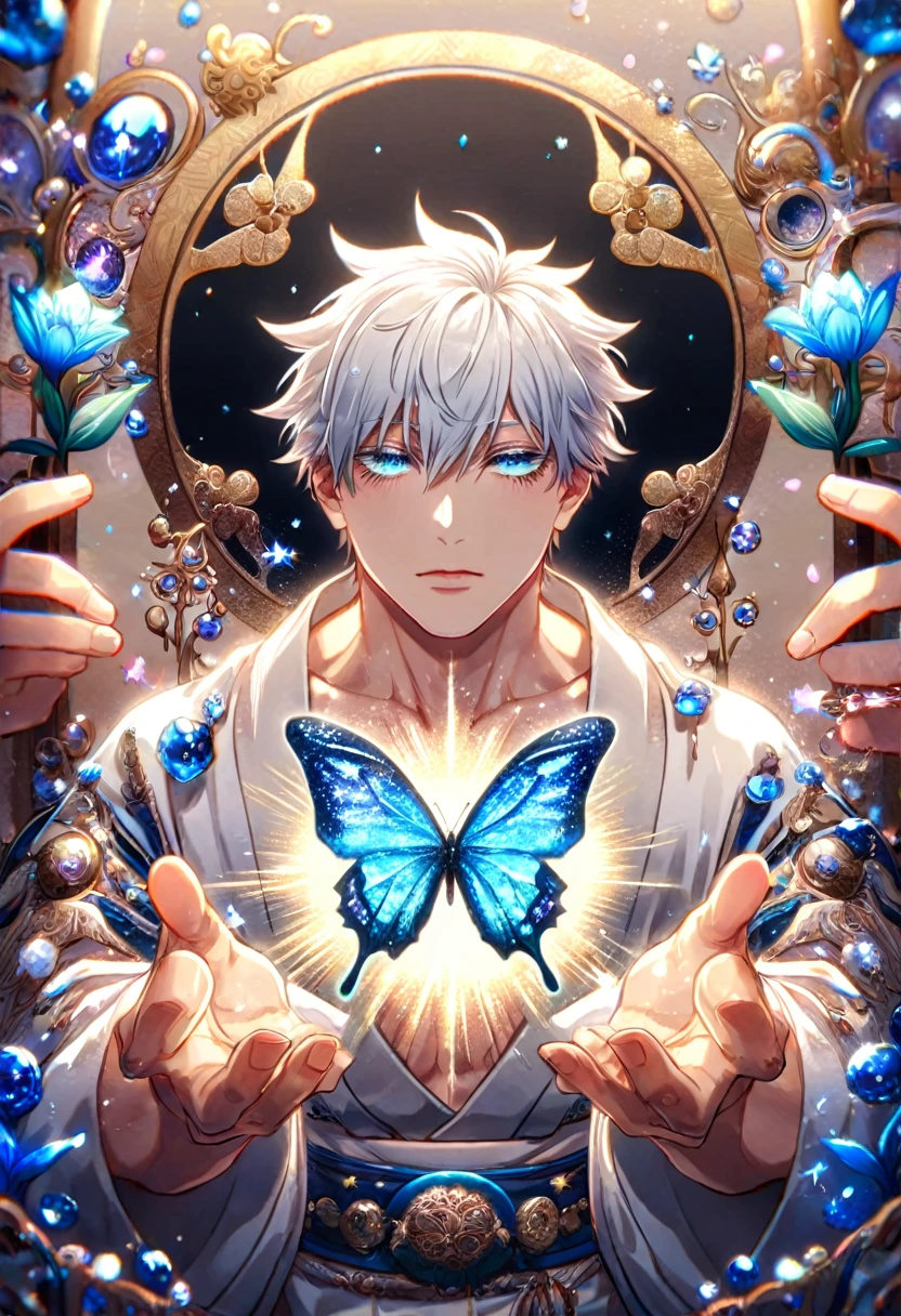 (absurdres, highres, ultra detailed, HDR) master piece, best quality, Gojo Satoru, white hair, with bangs, hair between the eyes, expressive blue eyes, white eyelashes, Jujutsu Kaisen, solo, sexy man, with a white dragon, handsome, toned chest, black haori, white kimono with accessories, jewelry, patterns, magical fantasy, blue butterflies, glittering, sparkling, blue lilies, petals, radiant
