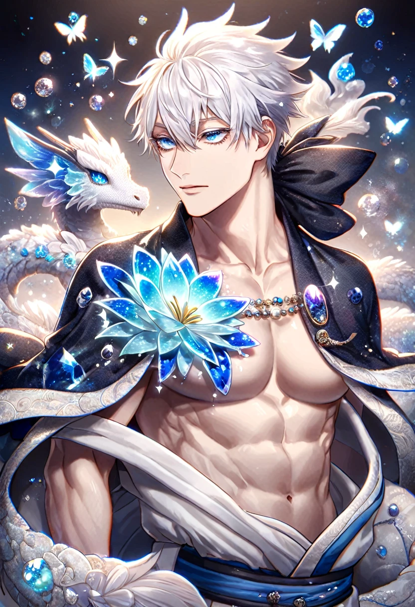 (absurdres, highres, ultra detailed, HDR) master piece, best quality, Gojo Satoru, white hair, with bangs, hair between the eyes, expressive blue eyes, white eyelashes, Jujutsu Kaisen, solo, sexy man, with a white dragon, handsome, toned chest, black haori, white kimono with accessories, jewelry, patterns, magical fantasy, blue butterflies, glittering, sparkling, blue lilies, petals, radiant