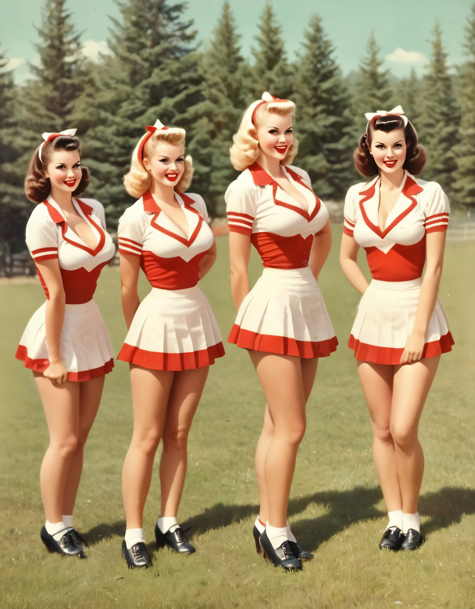 Vintage-style sexy cheerleaders at camp, in pin-up poses with retro uniforms and vibrant colors. perfect face, large breasts
