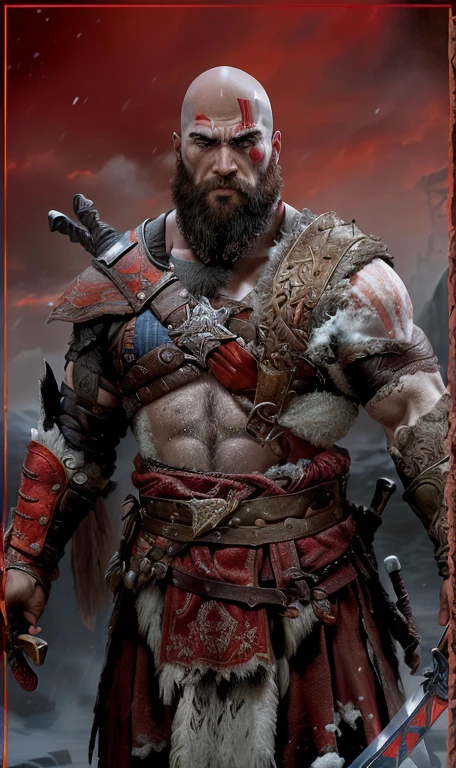 Close-up of a man with a beard and a sword, sam hyde in God of war 4, portrait of kratos, kratos, dwayne johnson as kratos, dwayne johnson as God of war, God of war 2 0 1 8, God of war, high detail iconic character, Berserker Portrait, Inspired by Ryan Barger, Video game character design