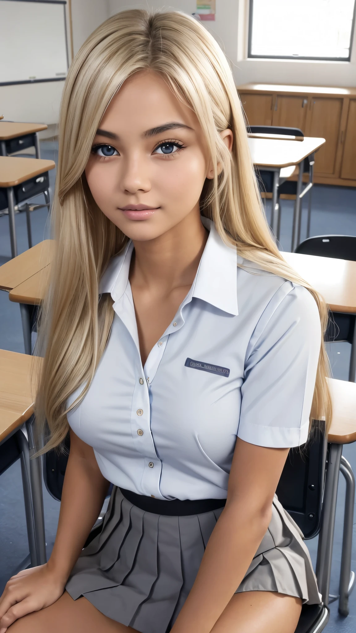 Masterpiece, Realistic, best quality, tanned, 20 years old, straight blonde hair, small arched eyebrows, blue-grey almond upturned eyes, beautiful dimples round feminine cute cheeks, prominent cheekbone, medium breasts, (black pleated miniskirt, white school shirt), looking at viewer, sitting, classroom