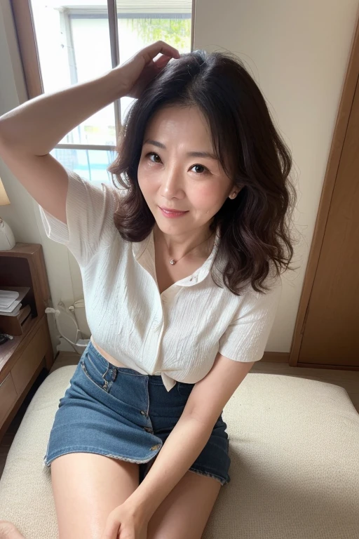 (top-quality, masterpiece,photo realistic,ultra-detailed,Textured skin:1.2),(from above), break (leaning her upper body down:1.2),(1 girl),
break (mini skirt),(shirts),
break (japanese mature woman),(45 years old),
break (natural hair style),natural eyeblow,smile,