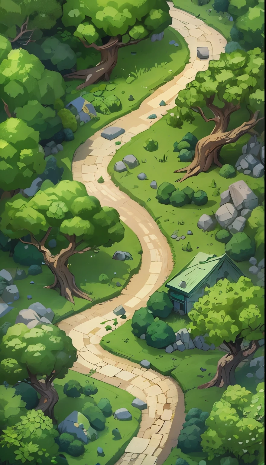 Forest scene，There is a clear path in the middle，Vertical Image，Cartoon，Isometric 2D Game Art， masterpiece， Super detailed good quality