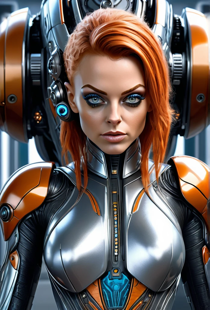 Beautifu Femalel Fifth Element Alien [Mila Kunis:Maude Adams:0.45] in a portrait pose donning a Hightech Mecha Body Suite, confident naughty smirk, detailed face, detailed hair, insanely intricate details, realistic style