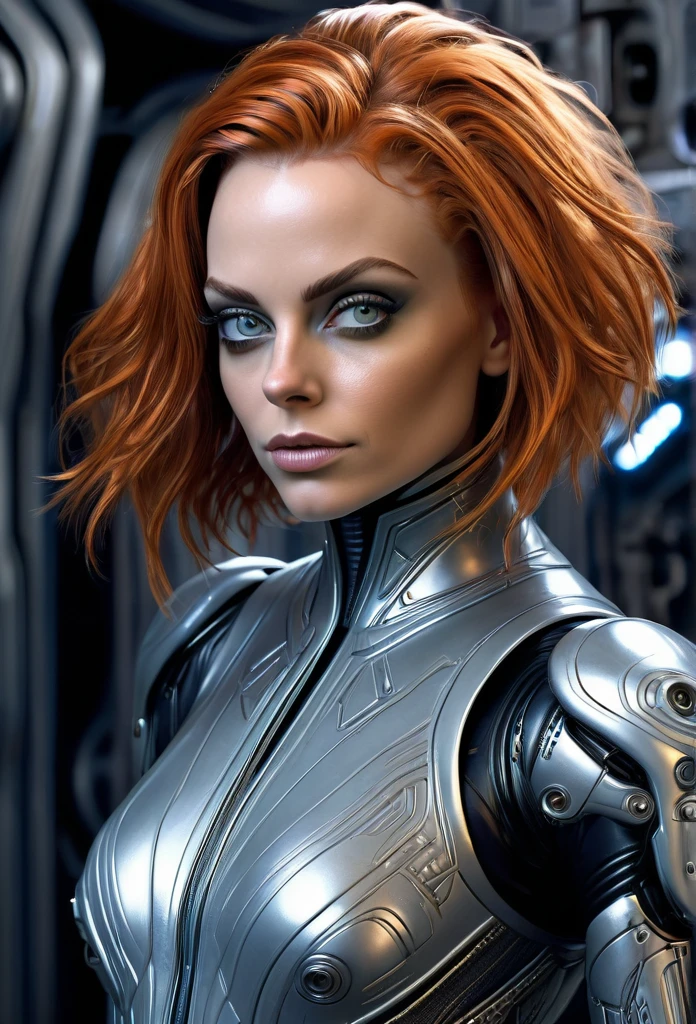 Beautifu Femalel Fifth Element Alien [Mila Kunis:Maude Adams:0.45] in a portrait pose donning a Hightech Mecha Body Suite, confident naughty smirk, detailed face, detailed hair, insanely intricate details, realistic style