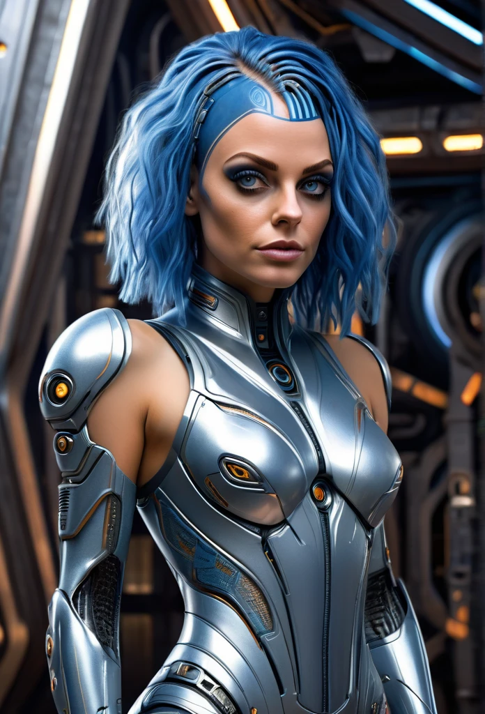 Beautifu Femalel Fifth Element Alien [Mila Kunis:Maude Adams:0.45] in a portrait pose donning a Hightech Mecha Body Suite, confident naughty smirk, detailed face, detailed hair, insanely intricate details, realistic style