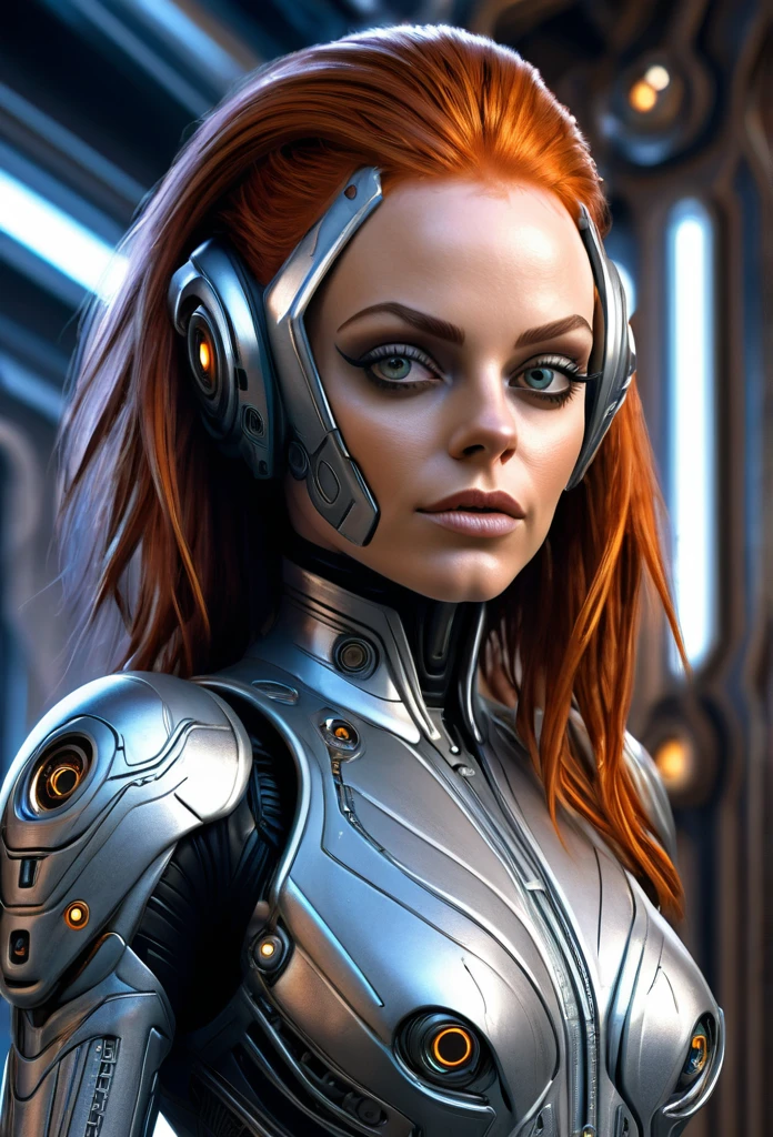Beautifu Femalel Fifth Element Alien [Mila Kunis:Maude Adams:0.45] in a portrait pose donning a Hightech Mecha Body Suite, confident naughty smirk, detailed face, detailed hair, insanely intricate details, realistic style