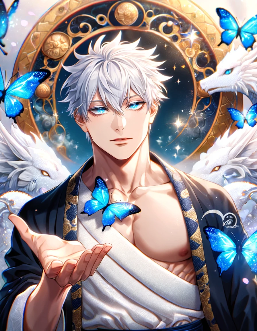 (absurdres, highres, ultra detailed, HDR) master piece, best quality, Gojo Satoru, white hair, with bangs, hair between the eyes, expressive blue eyes, white eyelashes, Jujutsu Kaisen, solo, sexy man, together with a white dragon, handsome, toned chest, black haori, white kimono with accessories, jewelry, patterns, magical fantasy, blue butterflies, glittering, sparkling, blue lilies, petals, radiant