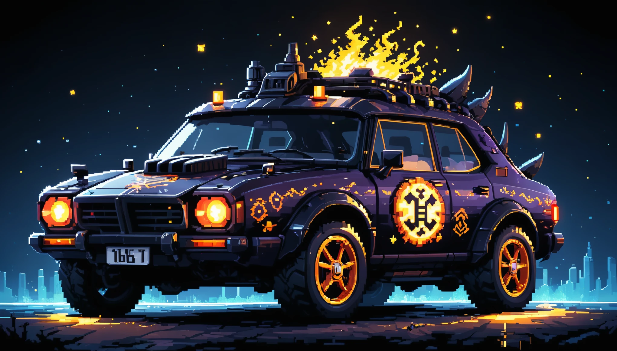 Bright epic professional (cute cartoon pixel illustration:1.2), (masterpiece in maximum 16K resolution, superb quality, ultra detailed:1.3), side view of a grand (bizarre:1.2) car with tall wheels and (sharp features, decorated with runes and folding roof), speeding amidst the silhouetted Gothic world of at night, sparkles.