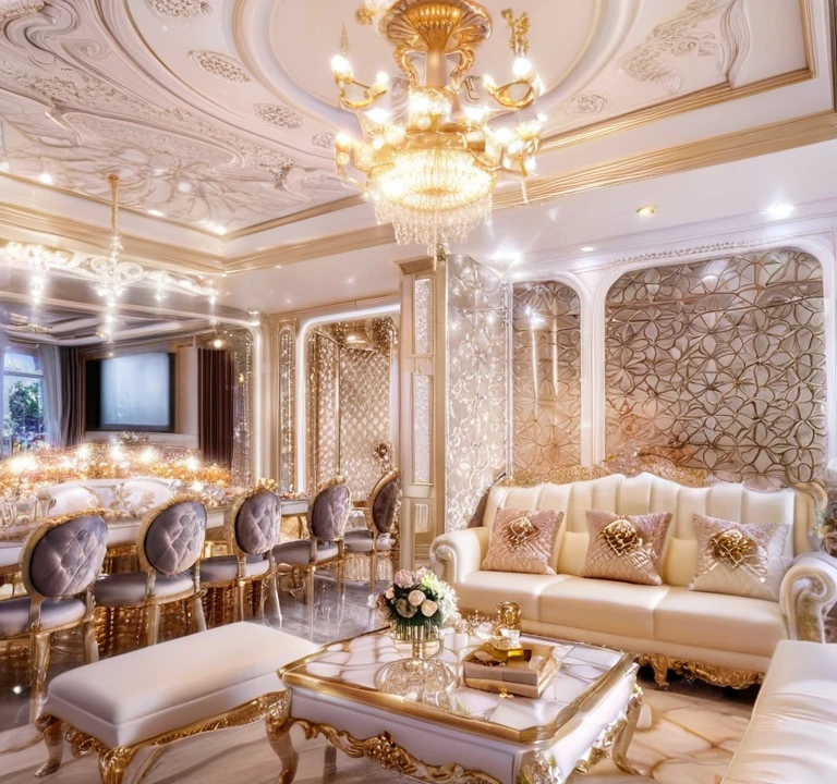 ，Masterpiece, Best quality，8K, Ultra-high resolution，When you step into the living room，Immediately surrounded by a rich atmosphere of luxury。Ornate crystal chandeliers hang high on the wall，Shine brightly。The sofa was covered with a soft white fluffy blanket，It is so comfortable，So much so that you can't help but indulge in it。In the corner of the living room is a delicate coffee table，Embellished with precious porcelain and champagne gold ornaments。Whenever it is late afternoon，The afterglow from the window spilled on the floor，Soft light and shadow are reflected，It was as if entering a dreamland。