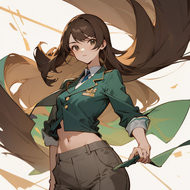 Anime - style image of a character with long brown hair, estilo de anime, hoja de referencia de personajes de anime, Uniforme de profesora camiseta blanca formal y pantalon formal para trabajar, estilo anime plano, anime lleno cuerpo illustration, lleno_cuerpo!!, complete detailed cuerpo, extra detailed cuerpo, anime vtuber lleno cuerpo model, Soft anime illustration, personaje de estilo anime, estilo anime limpio y detallado, 