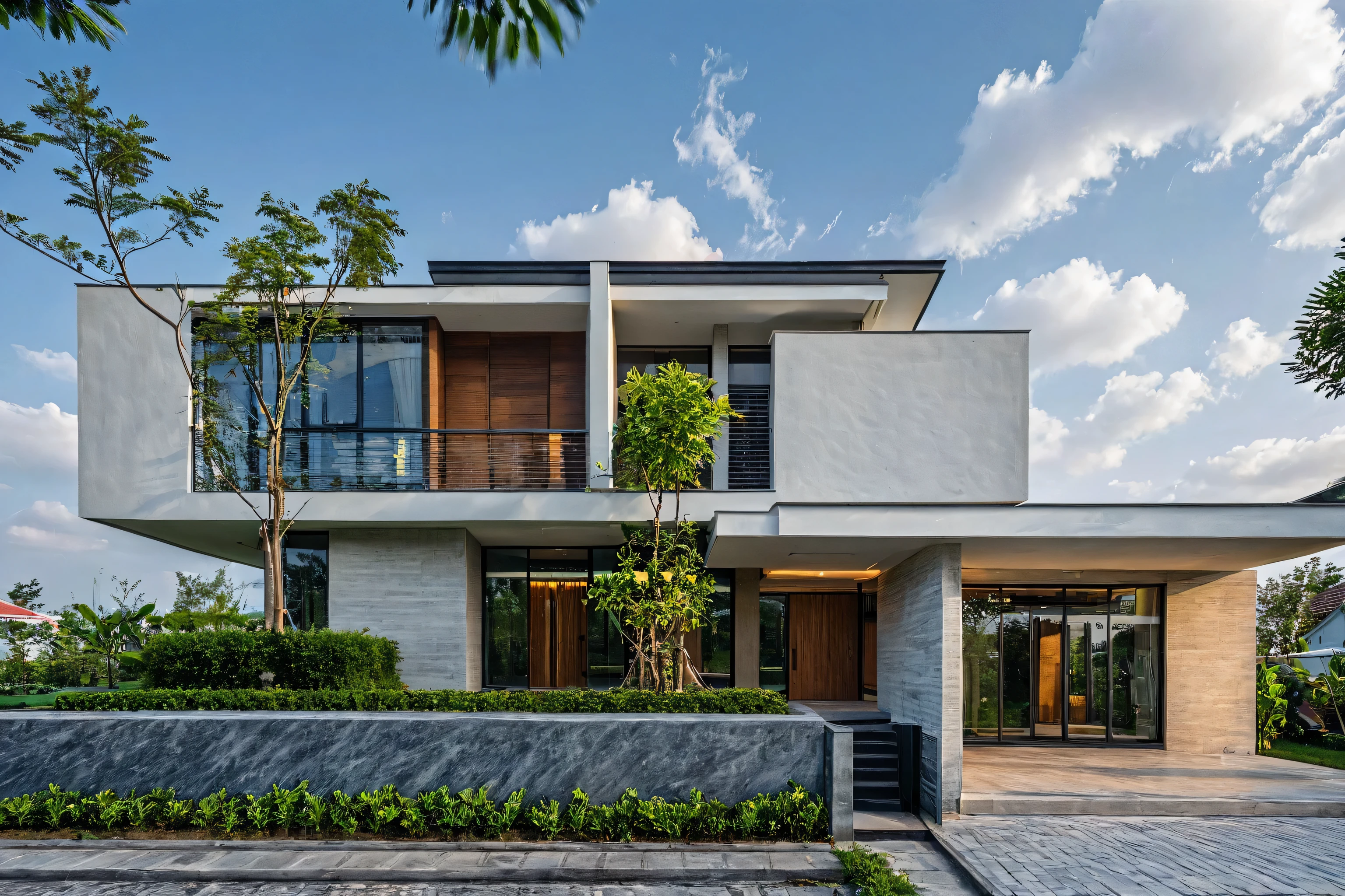 Masterpiece, high quality, best quality, authentic, super detail, outdoors, house style modern,bietthuhn, white wall, glass windows, gate road,pavement, grass, trees,blue sky, cloud, (day:1.1), realistic lighting, garden in front
