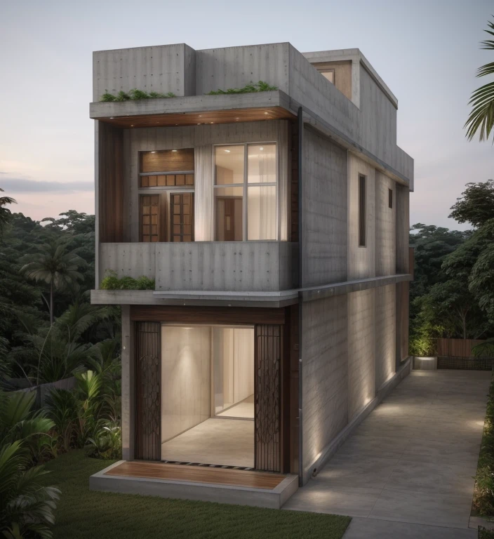 8k , masterpiece, illustrate art, hyper sharpness, high detailed, cgi, anime style, vray, radiosity, richard mier, architectural, concrete_finish, (fair-face concrete:1.2), luxury modern house style, decorate with metal woods and glass, green space, tree, wooden floor, front view, on the hill, jungle, waterfall, exterior view , Extreme long shot