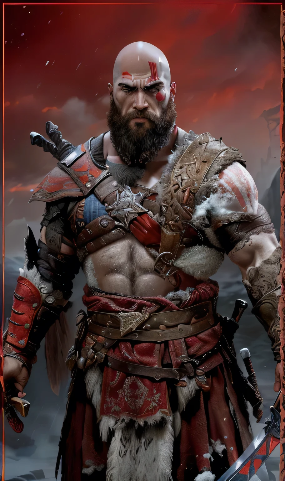 Close-up of a man with a beard and a sword, sam hyde in God of war 4, portrait of kratos, kratos, dwayne johnson as kratos, dwayne johnson as God of war, God of war 2 0 1 8, God of war, high detail iconic character, Berserker Portrait, Inspired by Ryan Barger, Video game character design