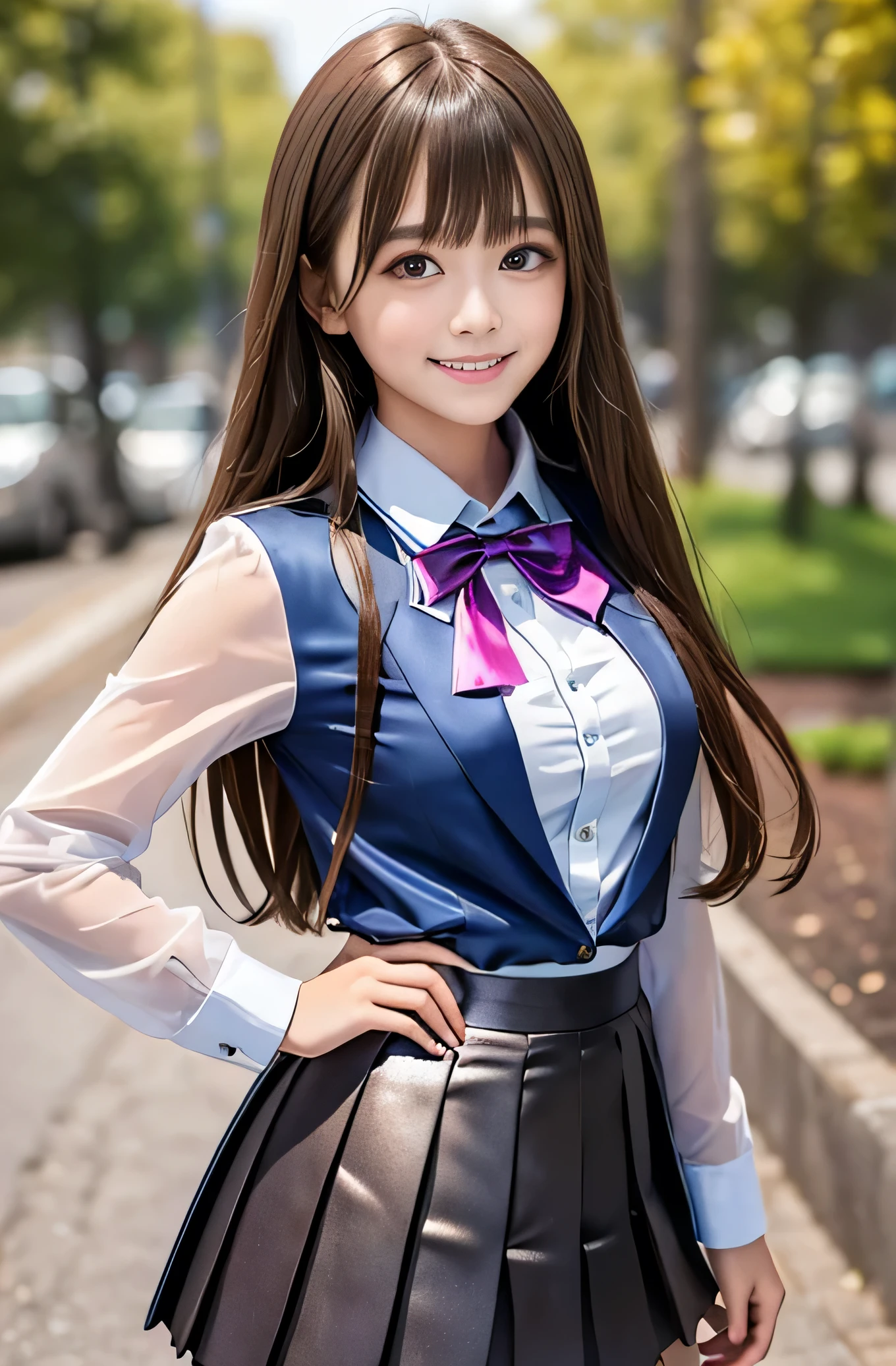 Angelic Very pretty cute young girl,
very beautiful girl,
(V-line jaw),
Beautiful detailed brown eyes, (clear-eyed:1.3),
small straight nose,small mouth,
Detailed double eyelids,
(Large eyes:1.3),
Long straight brown hair,
see-through bangs,
beautiful detailed face and eyes,
smiling, in the street,
BREAK
(super shiny metallic dark blue blazer:1.2),metallic pearl white school blouse,(shiny metallic bright pink neck bow tie:1.2),(super shiny metallic dark blue pleated skirt :1.5),(school uniform with super reflective surfaces:1.5),
(Very beautiful cute girl:1.2),
Very pretty cute young girl,
V-line jaw,
Beautiful detailed eyes,
very beautiful girl,
Detailed double eyelids,
(Large eyes:1.3),
Long straight brown hair,
see-through bangs,
beautiful detailed face and eyes,
smiling,
break
(Very beautiful cute girl, Beautiful detailed eyes, Detailed double eyelids:1.3),
(Soft Saturation: 1.3),
(Fair skin: 1.4),
(Large eyes:1.4),
break
Very beautiful cute girl,
Sharp Focus,
brown hair,
Very beautiful cute girl,
Raw photo,
High resolution,
perfect detail,
Professional Photography, Professional Lighting,
strong lighting,
break
(smile:1.6),realistic photo