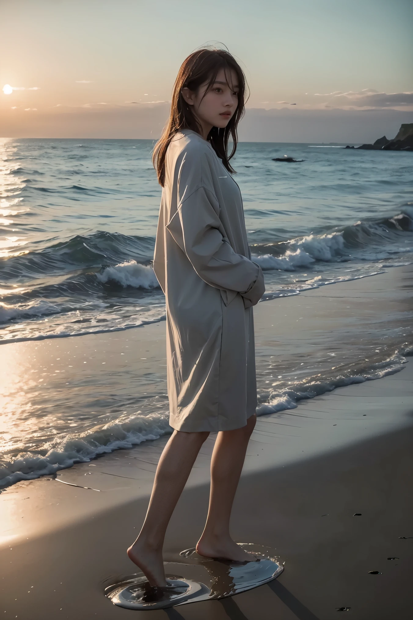 ((Masterpiece, Highest quality)), at night, thin clothes, girl, Place one foot in the sea with just one foot., girl standing, girl sideways, girl between the horizon and the sea, Looking from the side, Ripples spread from the toes., The scene of the incident was approximately 20 meters away., North Sea, at night, The whole scene was glowing., There&#39;s a meteor shower.