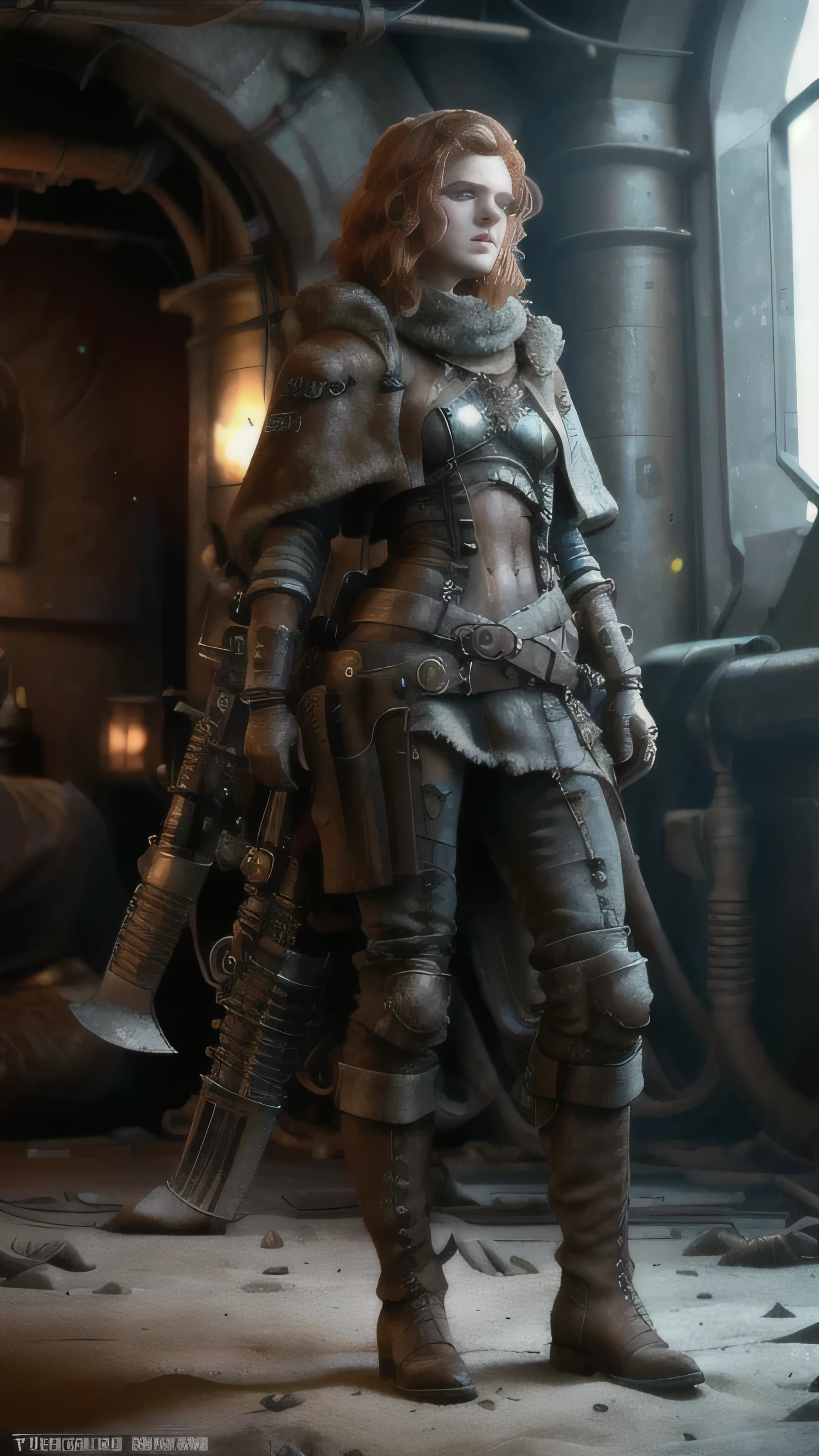 dieselpunkai, (Rose Leslie) as Ygritte, dieselpunk cloak, dieselpunk leather boots, standing, in a dieselpunk desert, (1woman), (solo), (full body view), beautiful detailed glow, detailed, cinematic light, intricate detail, realistic, highres, detailed facial features, high detail, sharp focus, smooth, aesthetic, extremely detailed, stamp, octane render