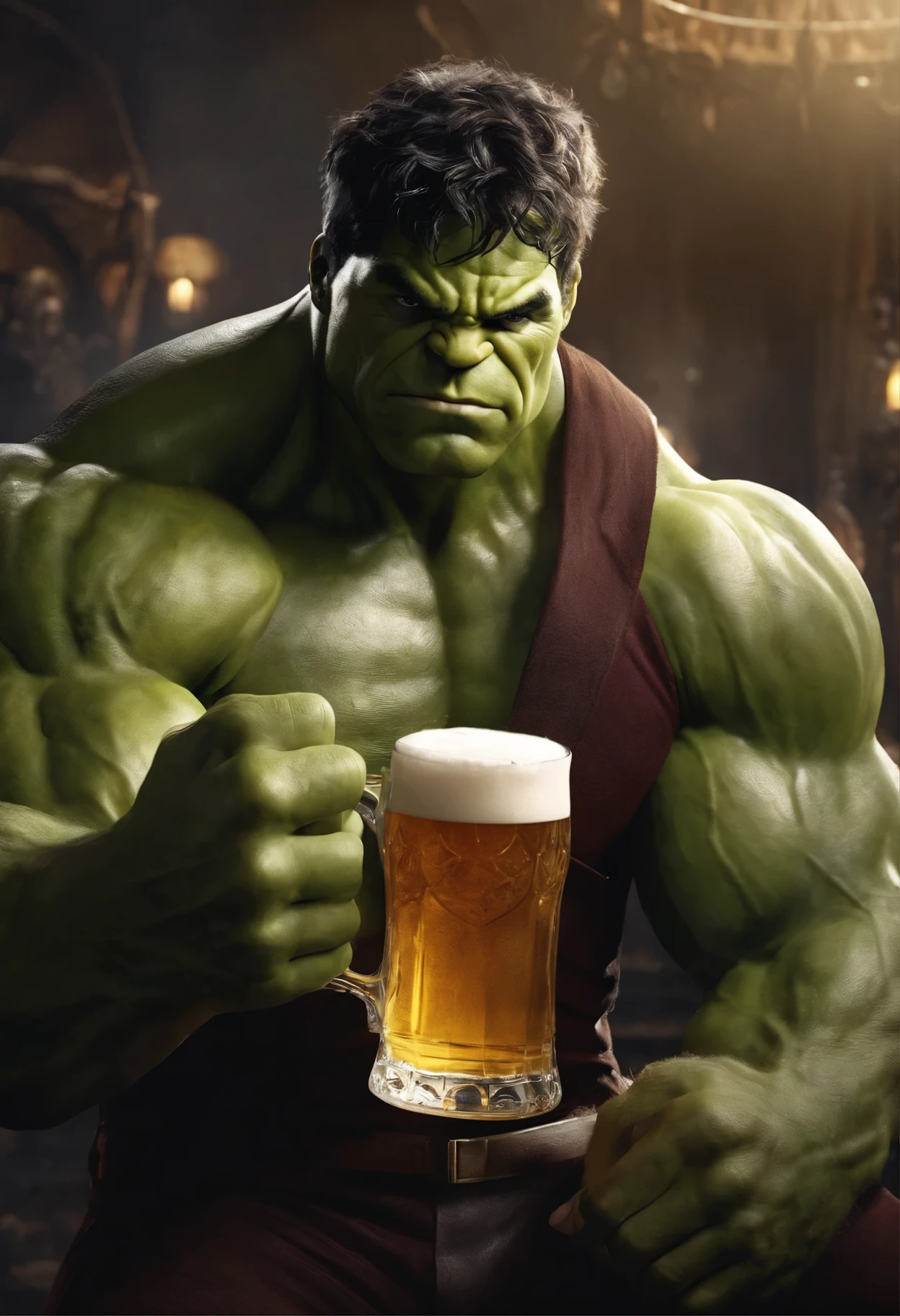 Hulk Marvel holding a circle in one hand and in the other a glass of beer full body appearing