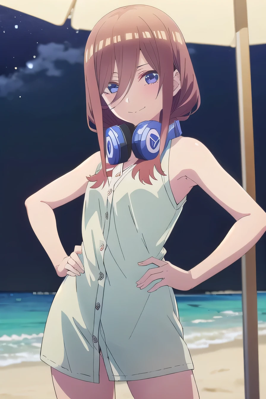 solo, 1girl, looking at viewer, 2D, anime, anime coloring, miku nakano, cardigan, headphones around neck, solo, night sky, beach, arm behind head, hand on hip, spread armpits, contrapposto, closed mouth, (cowboy shot:1.5), looking at viewer, smile,