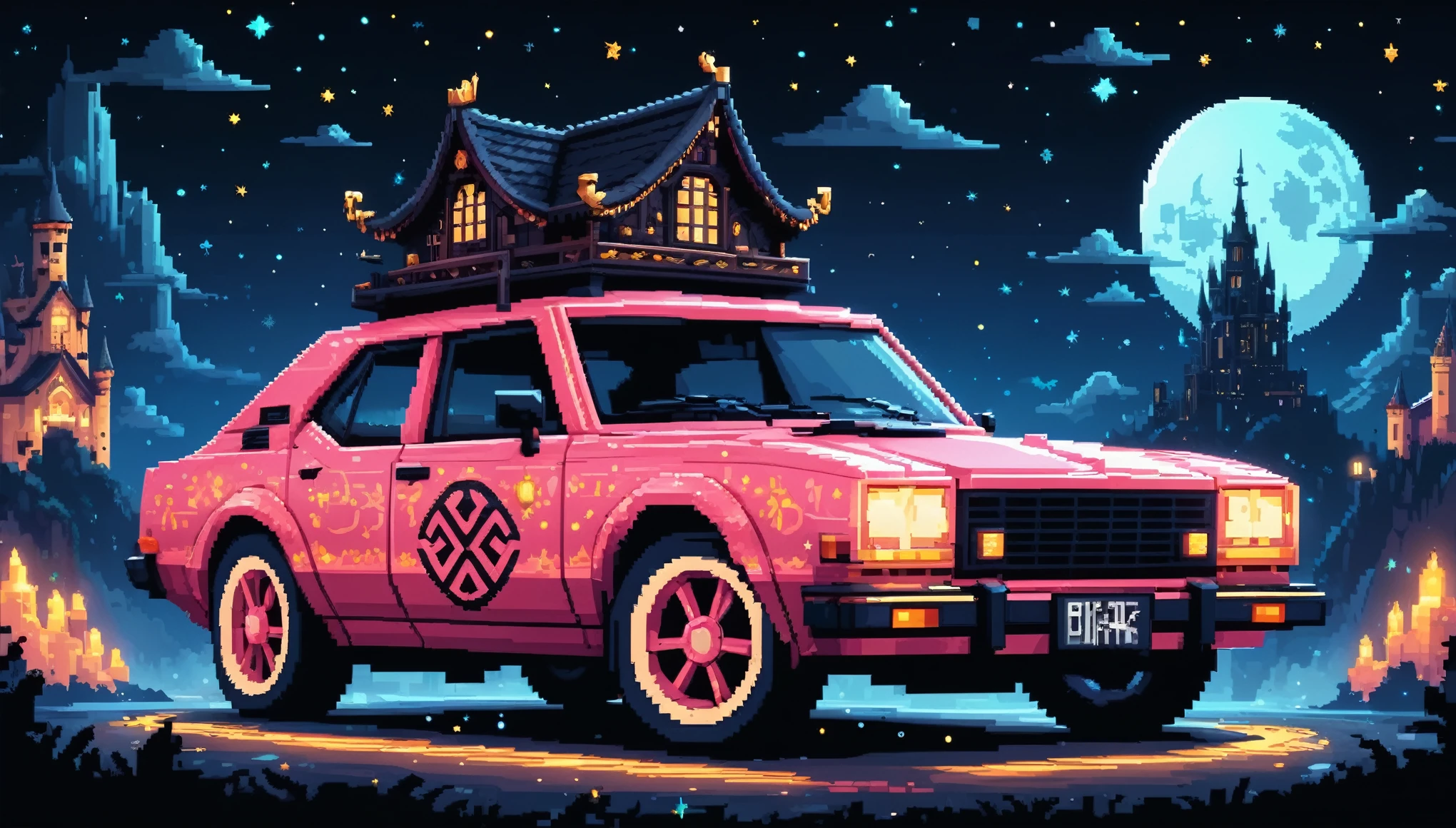 Bright epic professional (cute cartoon pixel illustration:1.2), (masterpiece in maximum 16K resolution, superb quality, ultra detailed:1.3), side view of a grand (bizarre:1.2) car with tall wheels and (sharp features, decorated with runes and folding roof), speeding amidst the silhouetted Gothic world of at night, sparkles.